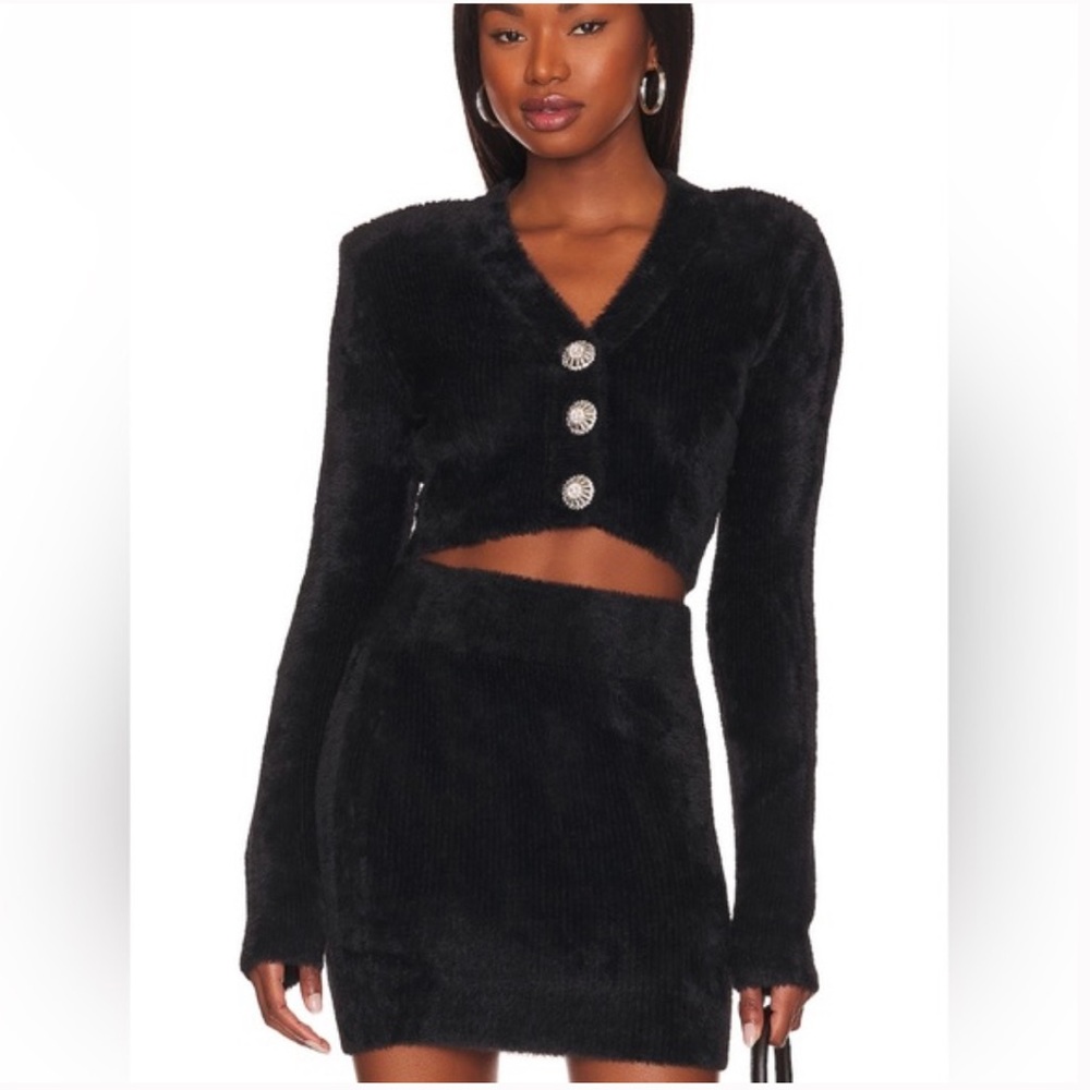 Revolve NBD Grace Fuzzy Cardigan Skirt Set Black